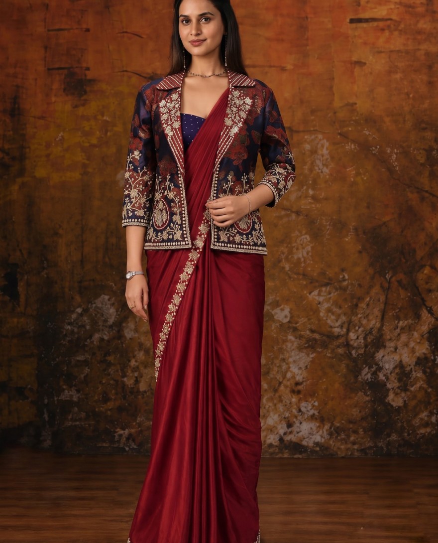27118 - Maroon Embroidered Wedding Party Designer Saree